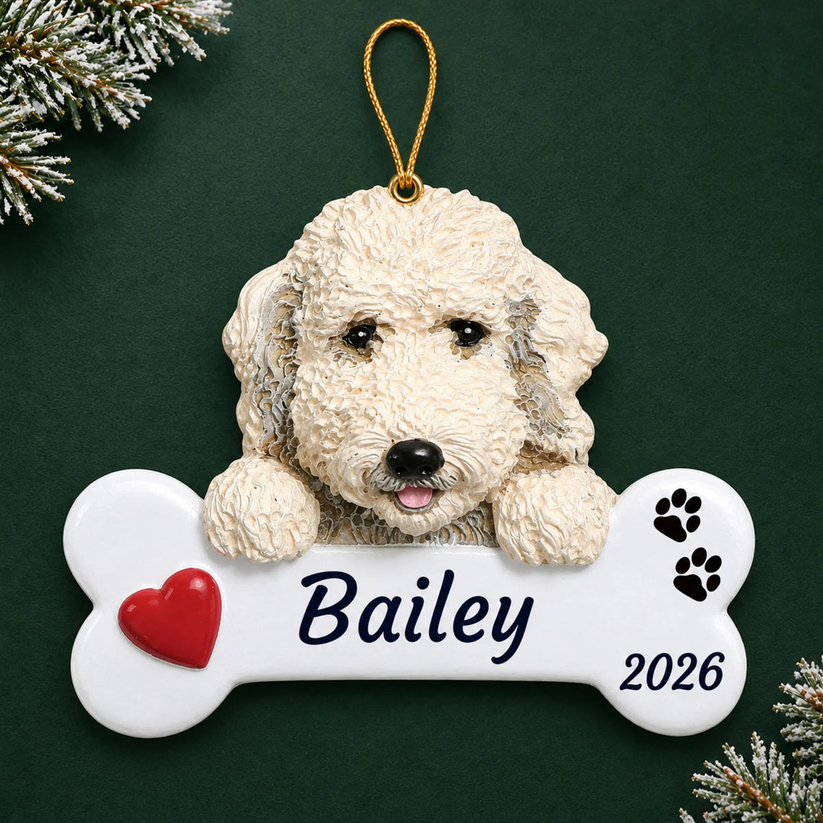 Personalized Labradoodle Dog Bone christmas ornament on a dark green pine background