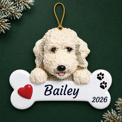 Personalized Labradoodle Dog Bone christmas ornament on a dark green pine background