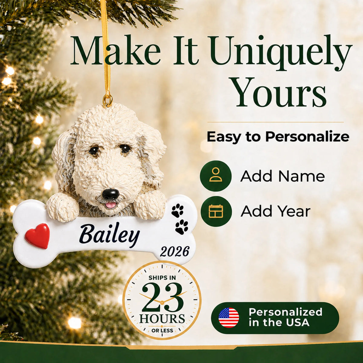 Make it yours: personalize the Labradoodle Dog Bone christmas ornament with your dog's name and the year