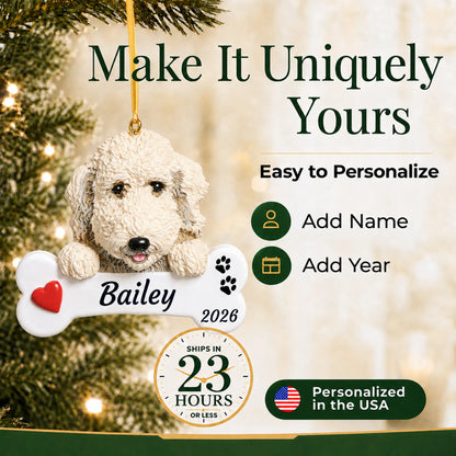 Make it yours: personalize the Labradoodle Dog Bone christmas ornament with your dog's name and the year