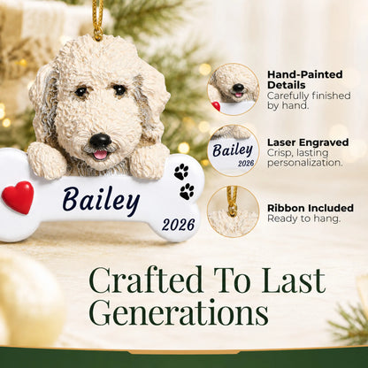 Hand-painted, laser engraved Labradoodle Dog Bone christmas ornament, ribbon included