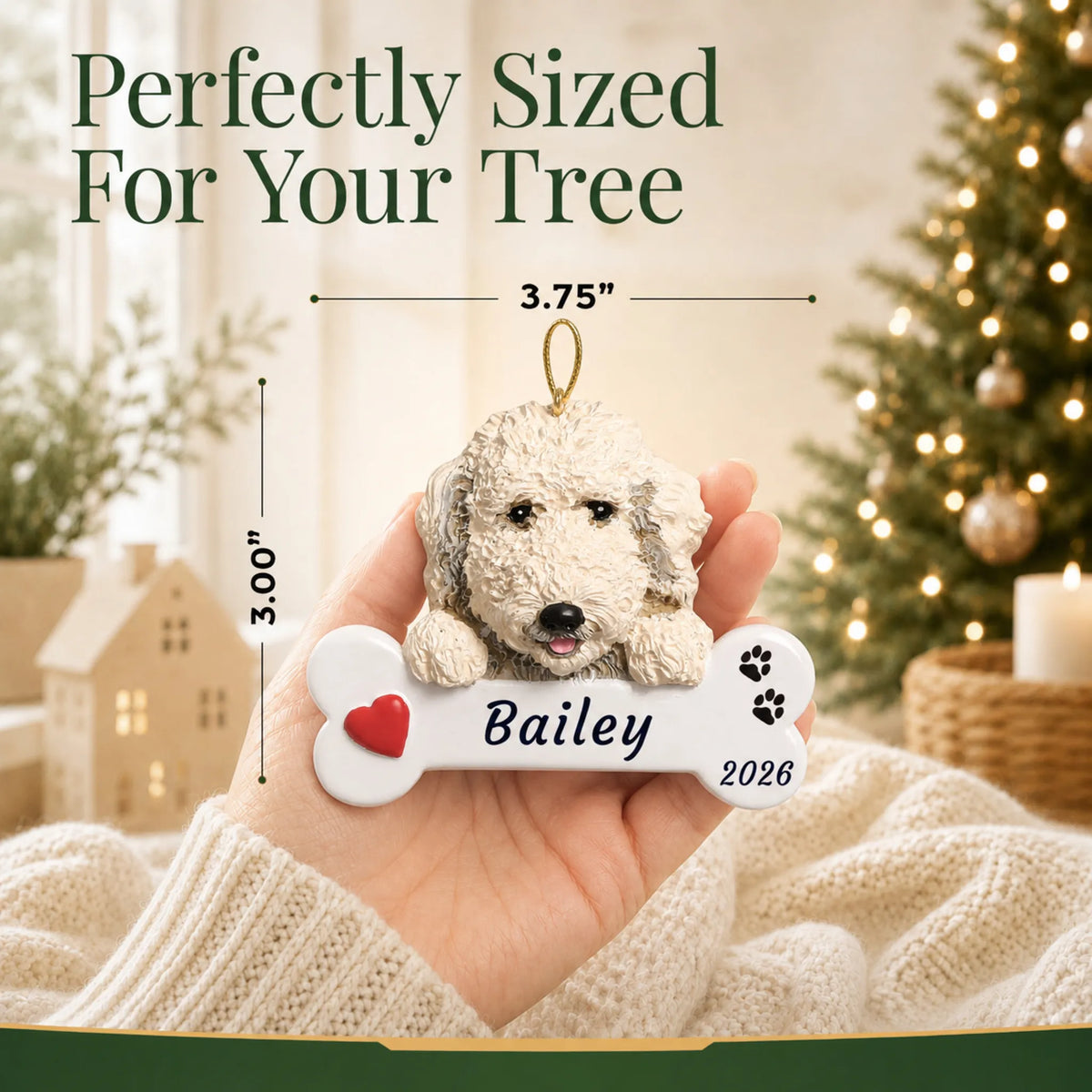Size guide: the personalized Labradoodle Dog Bone christmas ornament is 3.75 in wide by 3.00 in tall, shown in hand