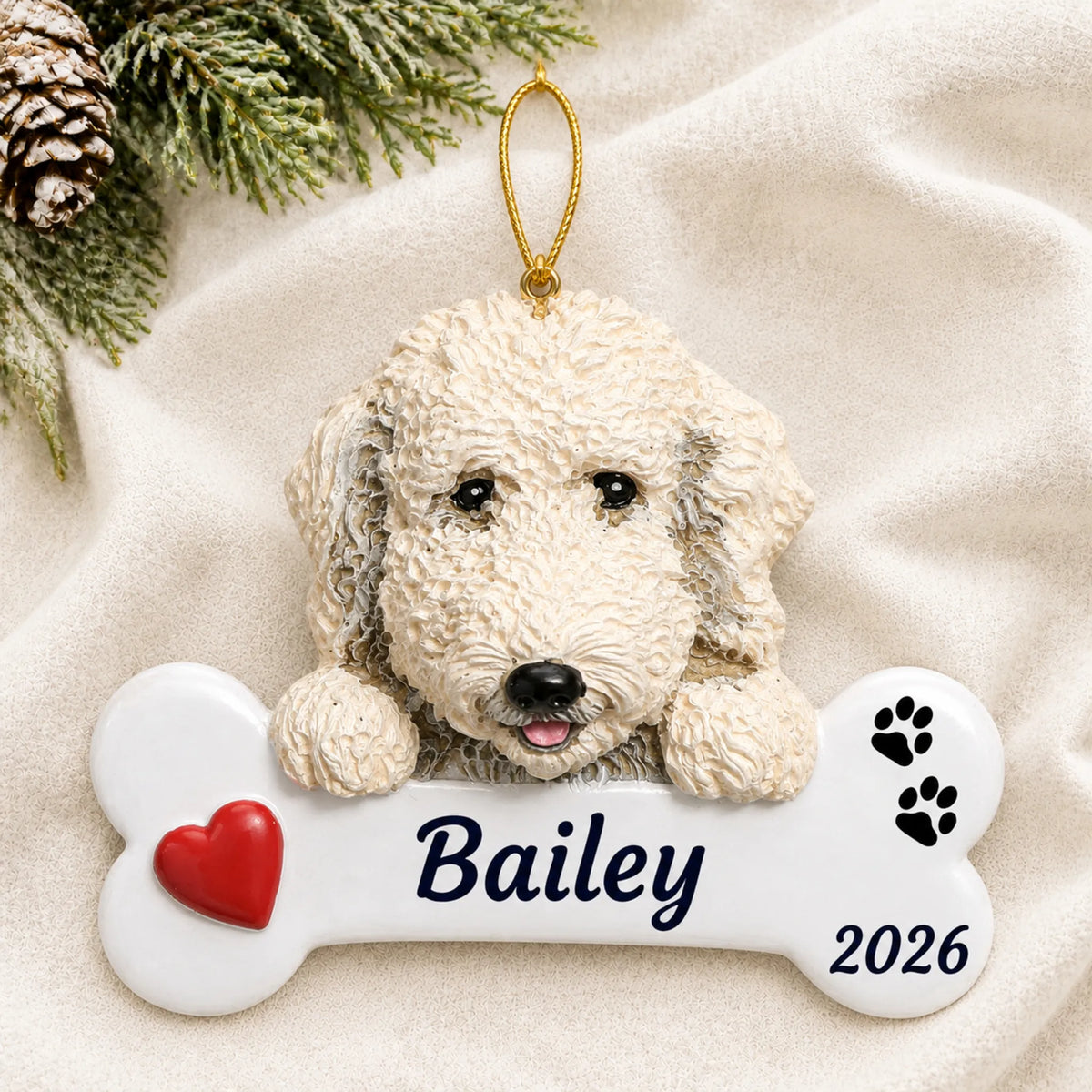 Personalized Labradoodle Dog Bone christmas ornament laid on a soft white knit blanket