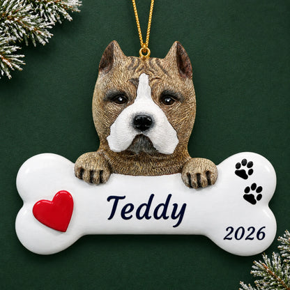 Personalized Pit Bull Dog Bone christmas ornament on a dark green pine background
