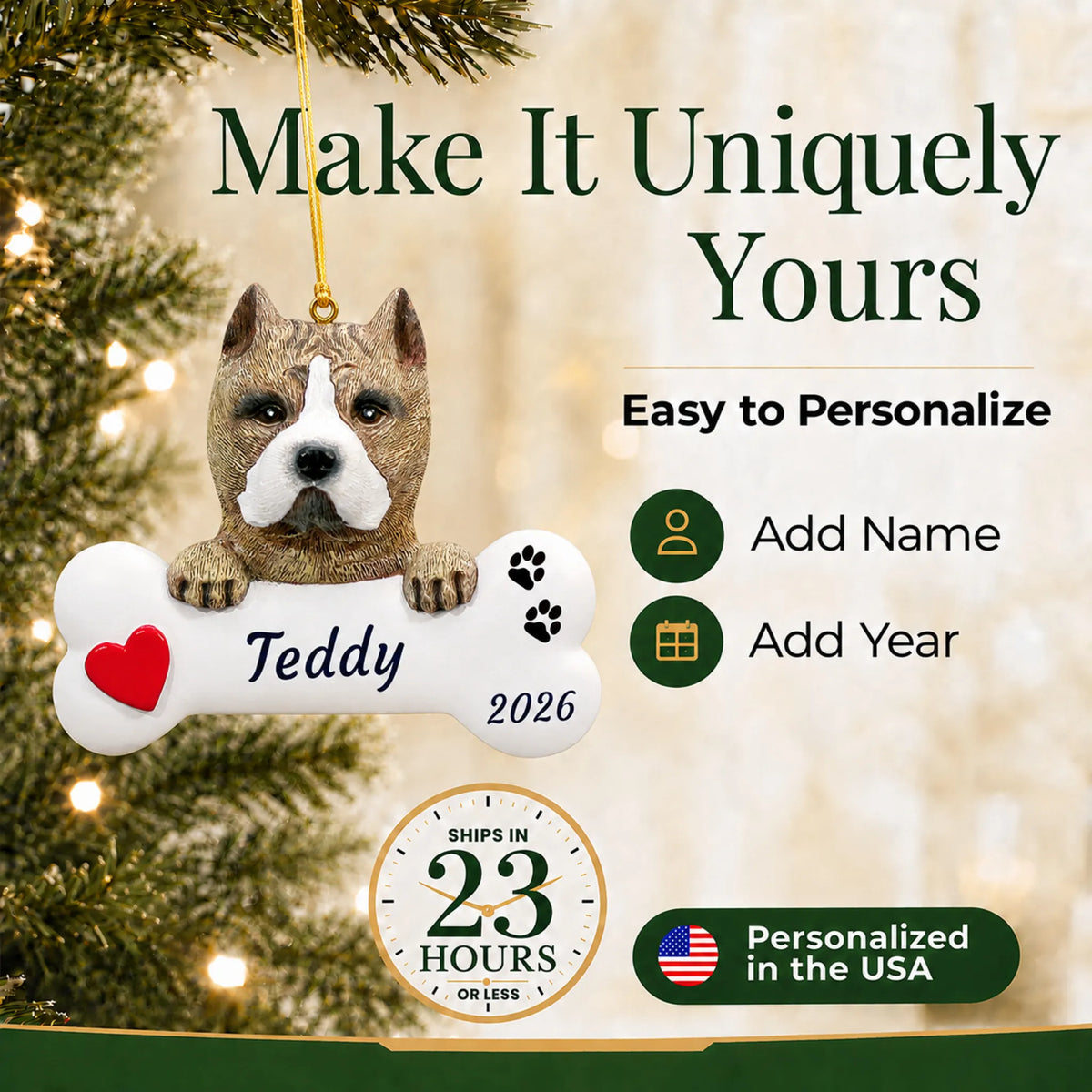 Make it yours: personalize the Pit Bull Dog Bone christmas ornament with your dog's name and the year
