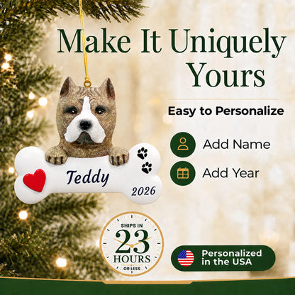 Make it yours: personalize the Pit Bull Dog Bone christmas ornament with your dog's name and the year