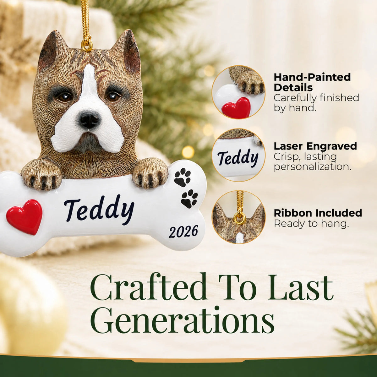 Hand-painted, laser engraved Pit Bull Dog Bone christmas ornament, ribbon included