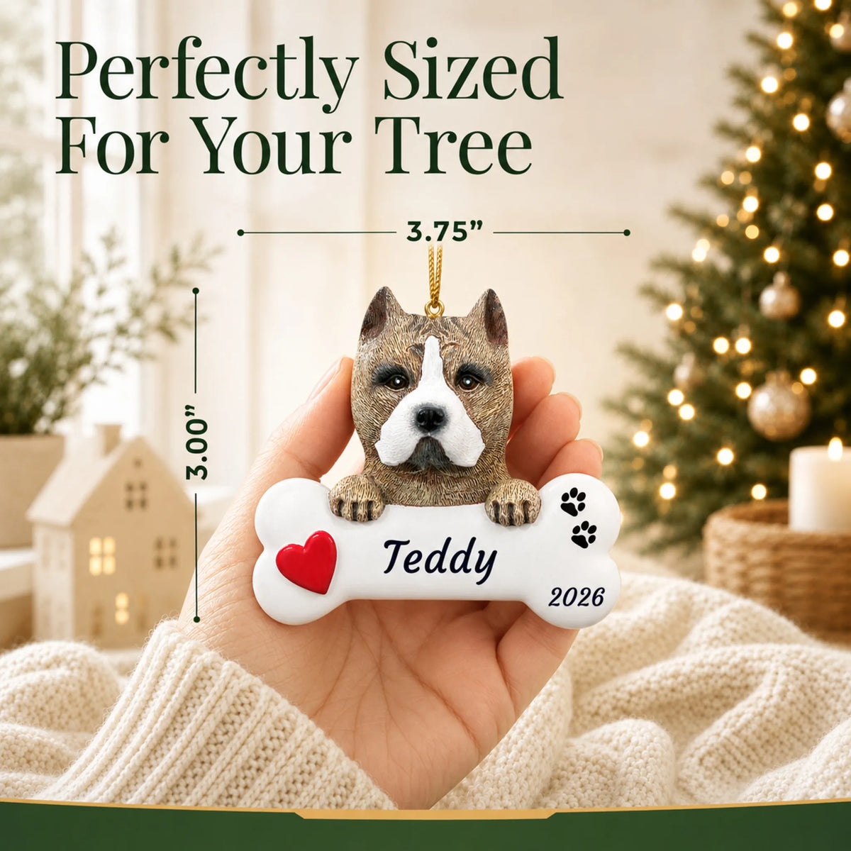Size guide: the personalized Pit Bull Dog Bone christmas ornament is 3.75 in wide by 3.00 in tall, shown in hand