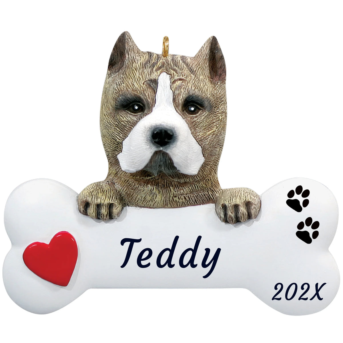 Personalized pit bull dog bone Christmas ornament, a brindle pit bull on a white bone, red heart, name and year