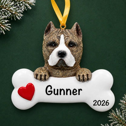 Personalized pit bull dog bone Christmas ornament, engraved with a name and year, on a green holiday backdrop