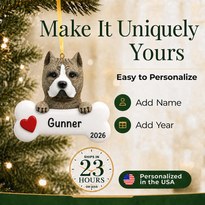 Personalized pit bull Christmas ornament with name and year options, ships in 23 hours, made in the USA