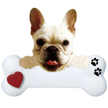 Personalized French bulldog dog bone Christmas ornament shown blank, ready for your dog's name and year
