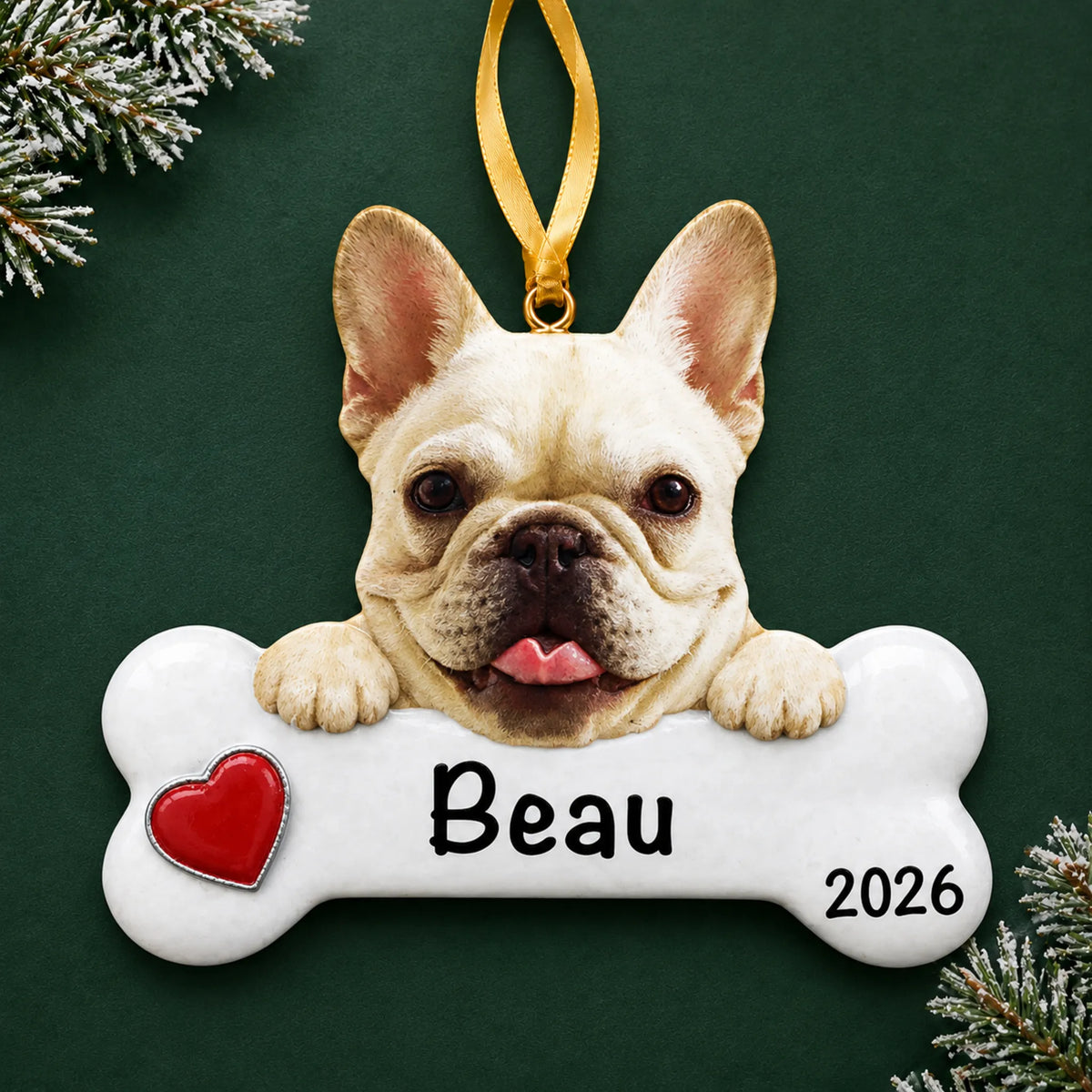 Personalized French bulldog dog bone Christmas ornament, engraved with a name and year, on a green holiday backdrop
