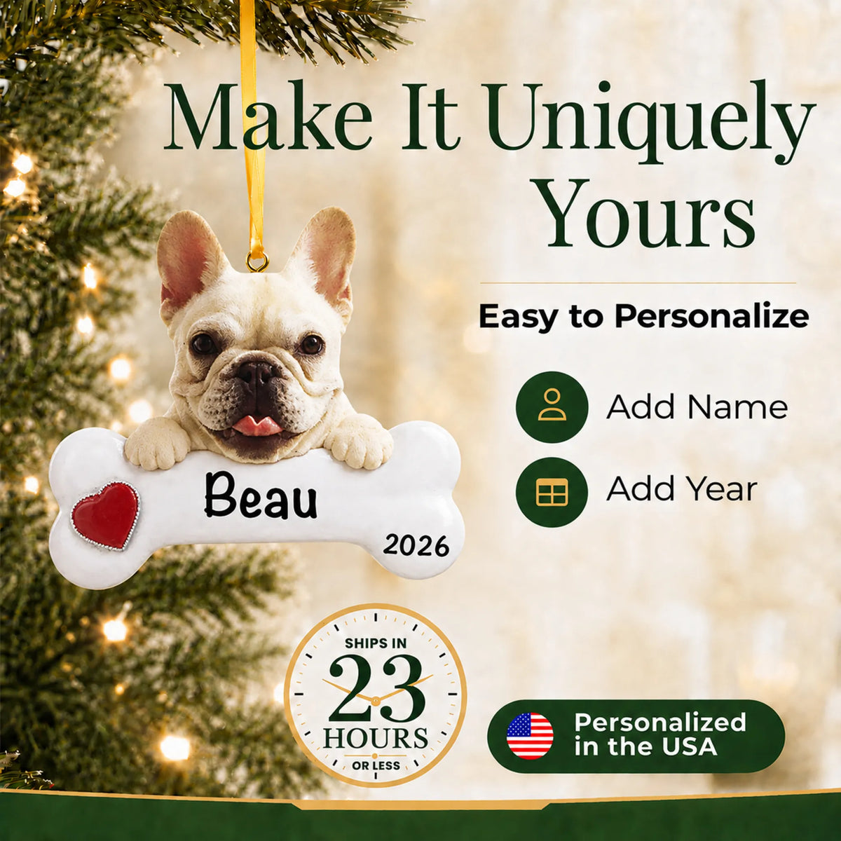 Personalized French bulldog Christmas ornament with name and year options, ships in 23 hours, made in the USA