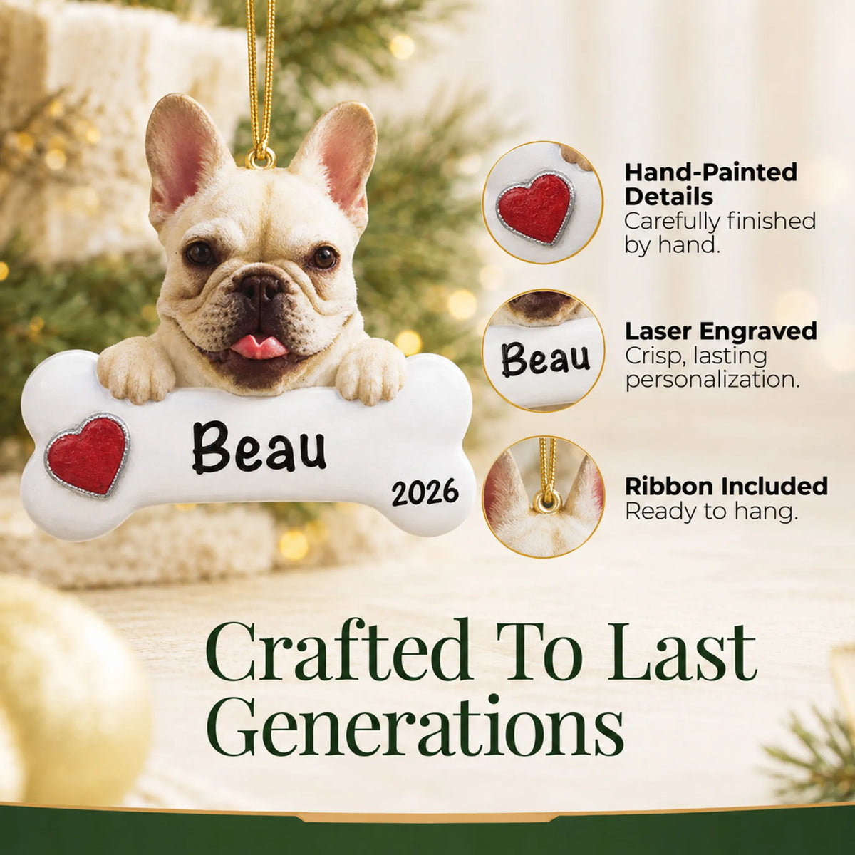 Close-up of the personalized French bulldog Christmas ornament showing hand-painted details and laser engraving