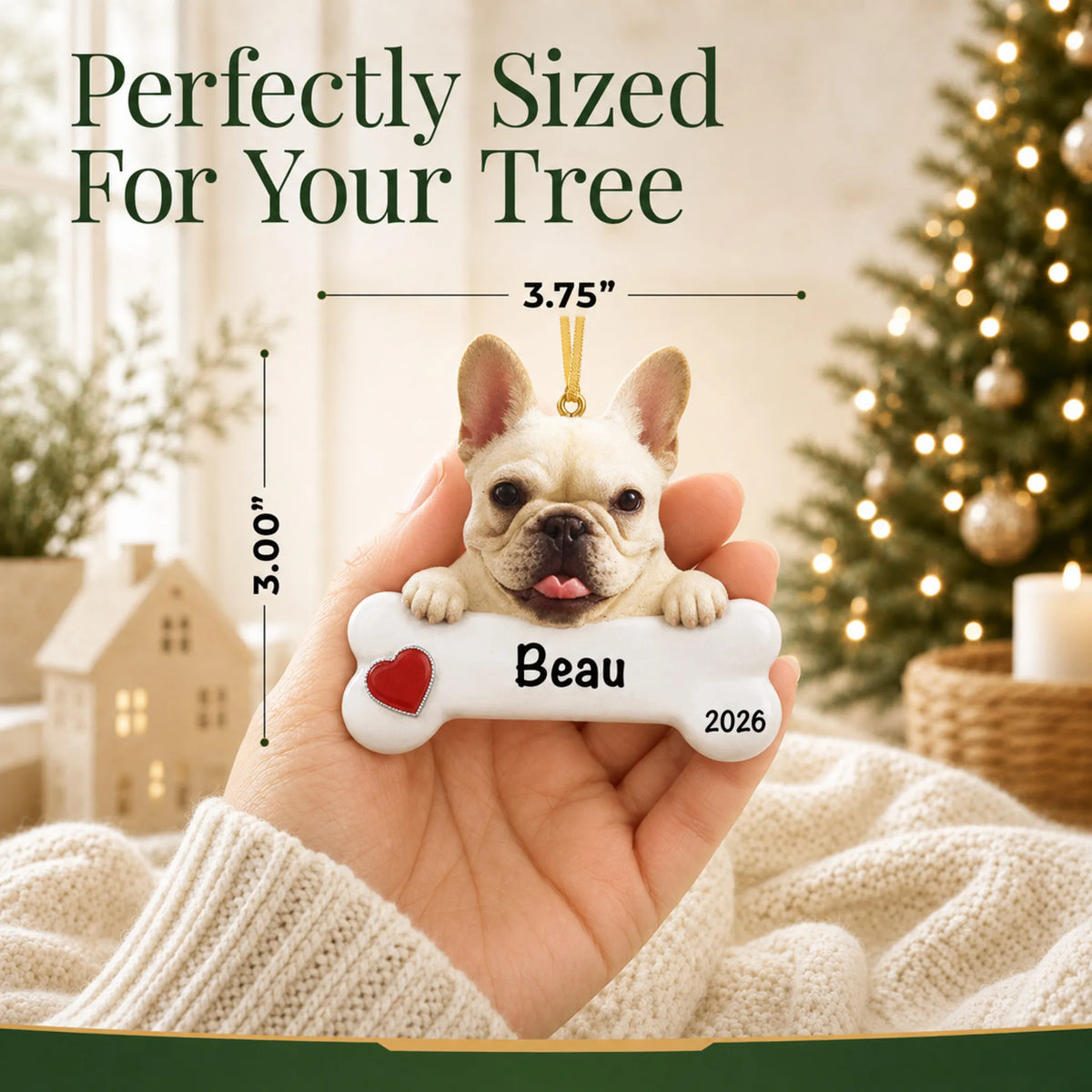 Hand holding the personalized French bulldog Christmas ornament to show its 3.75 inch width