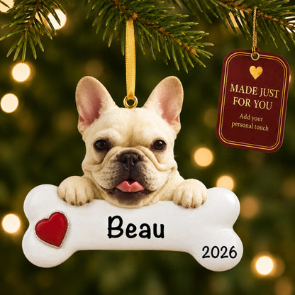 Personalized French bulldog Christmas ornament hanging on a lit tree beside a Made Just For You tag