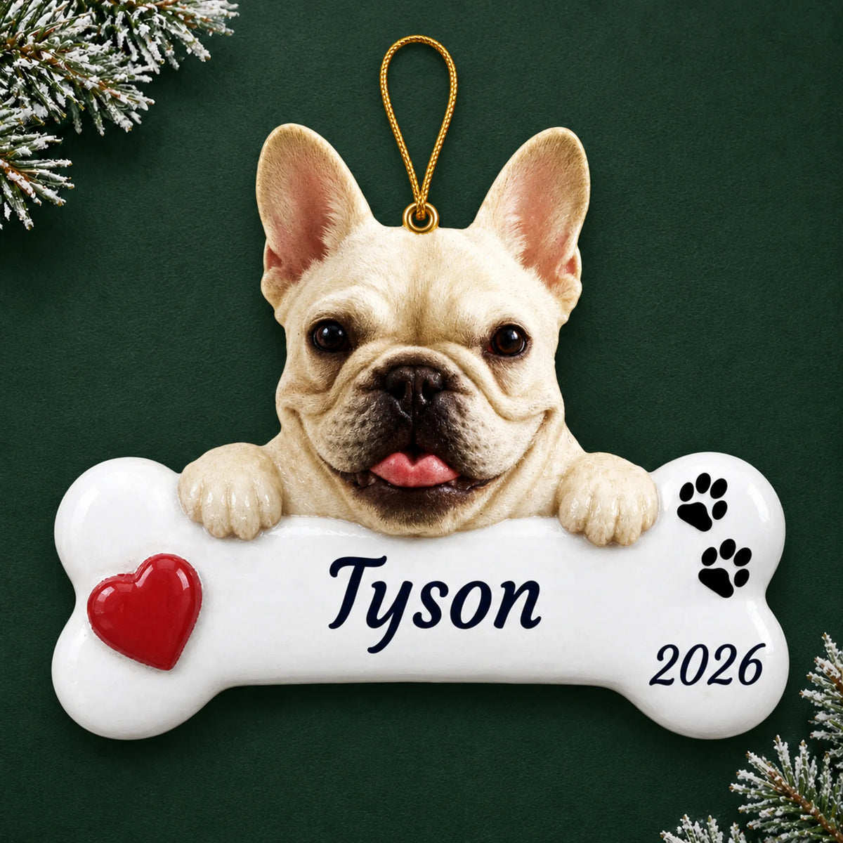 Personalized French Bulldog Dog Bone christmas ornament on a dark green pine background