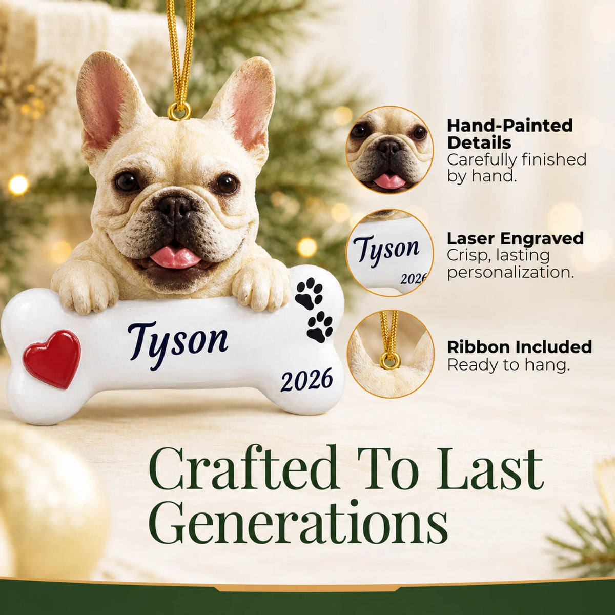 Hand-painted, laser engraved French Bulldog Dog Bone christmas ornament, ribbon included