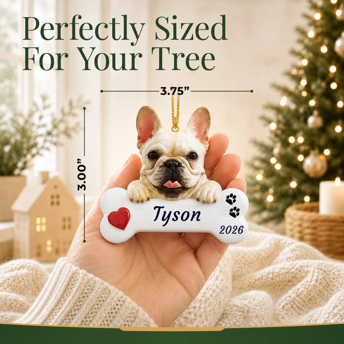 Size guide: the personalized French Bulldog Dog Bone christmas ornament is 3.75 in wide by 3.00 in tall, shown in hand