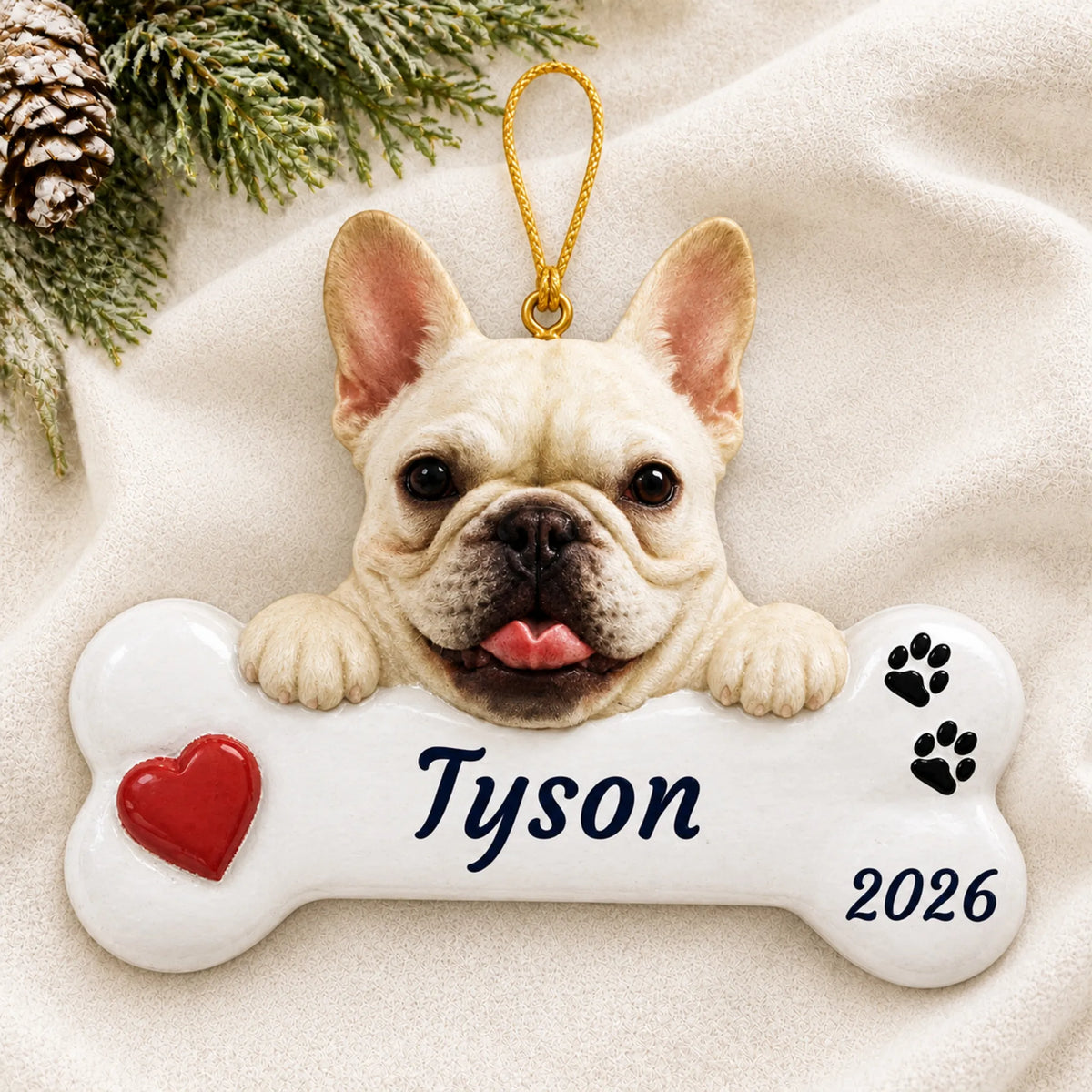 Personalized French Bulldog Dog Bone christmas ornament laid on a soft white knit blanket