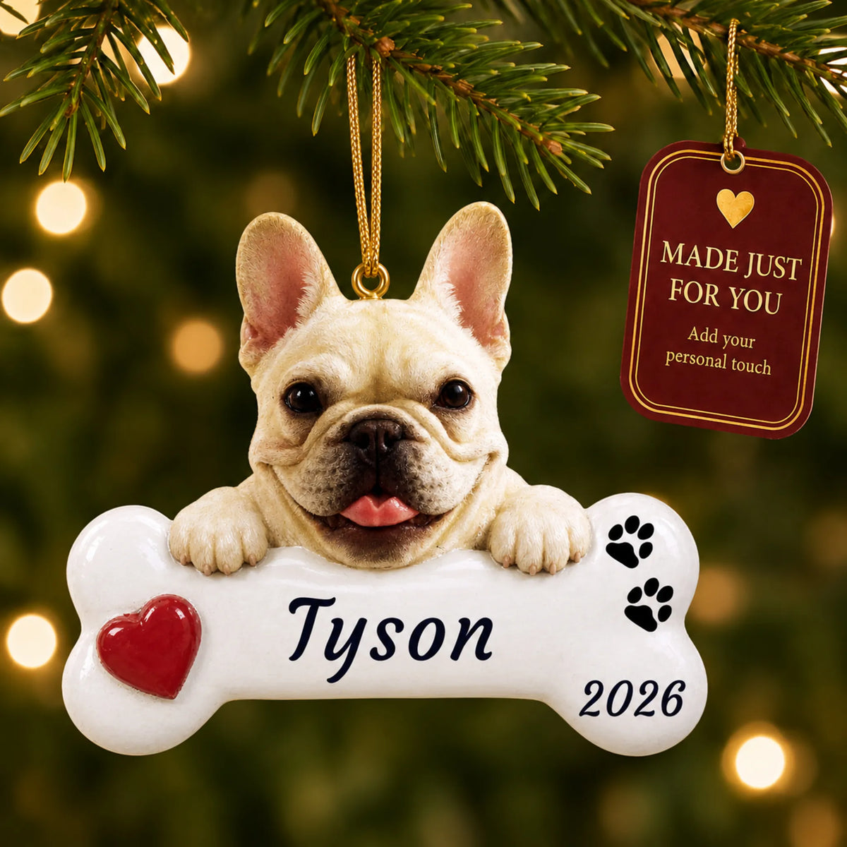 French Bulldog Dog Bone christmas ornament hanging on a lit Christmas tree with a Made Just For You gift tag