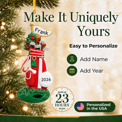 Make it yours: add name and year to the personalized golf bag christmas ornament