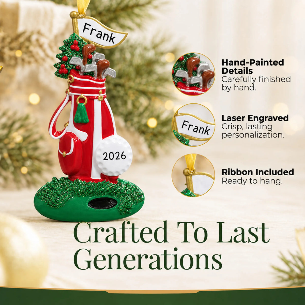 Hand-painted details and laser engraved personalization on the golf bag christmas ornament, ribbon included