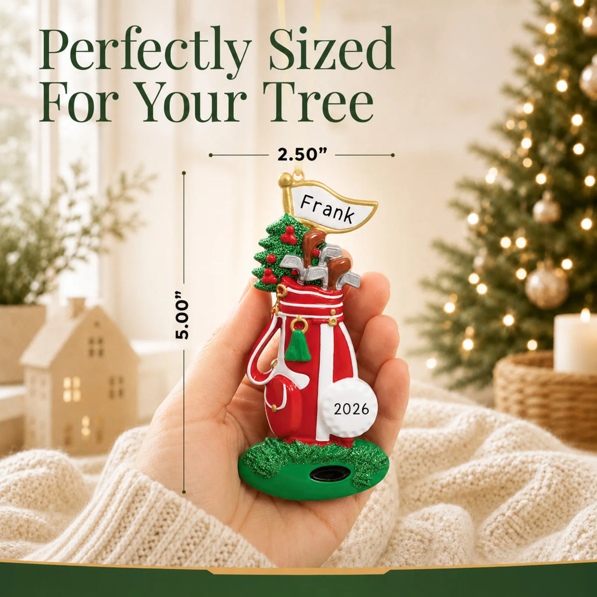 Size guide: the personalized golf bag christmas ornament is 2.50 in wide by 5.00 in tall, shown in hand