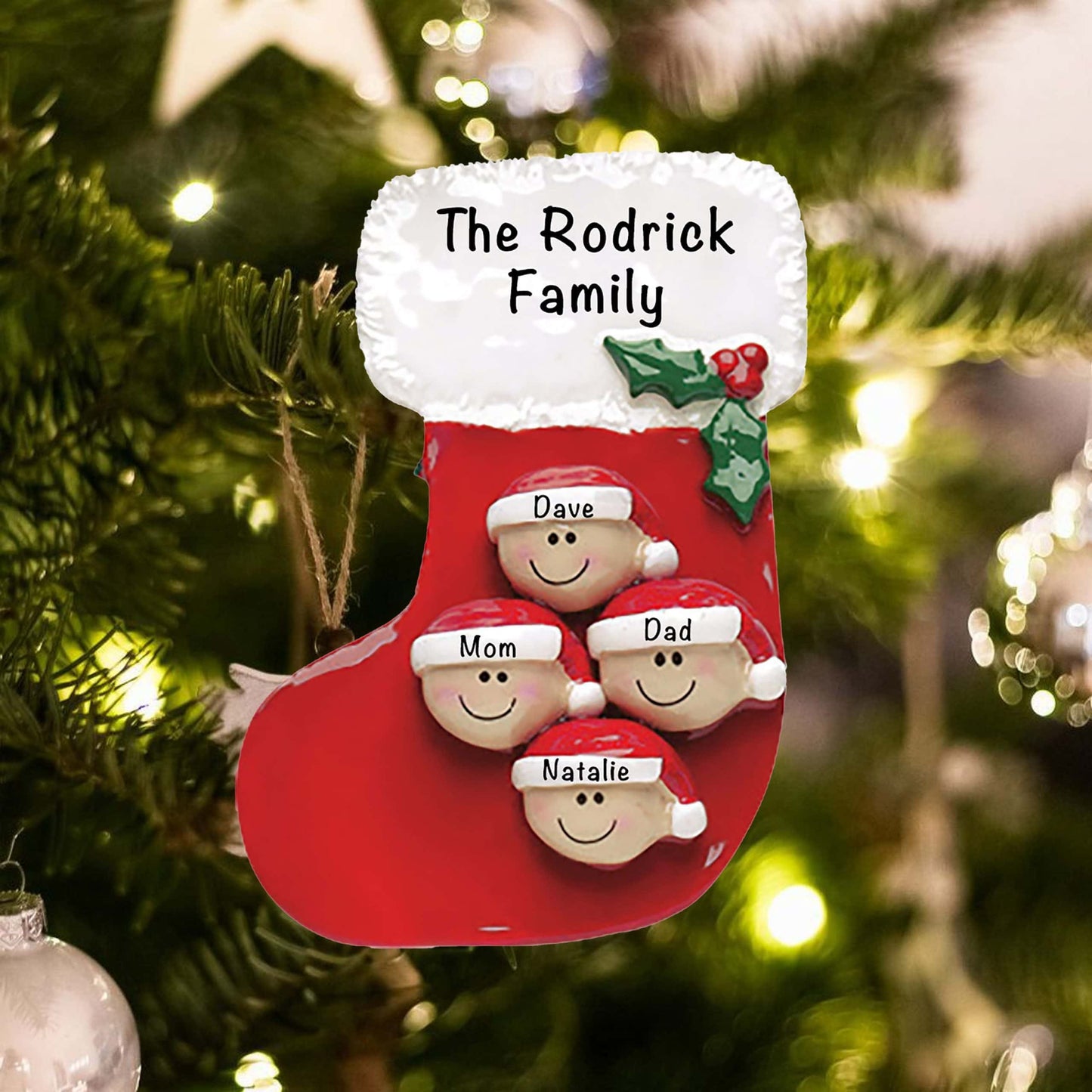 602-4 Personalized Red Stocking Family of 4 Christmas Ornament