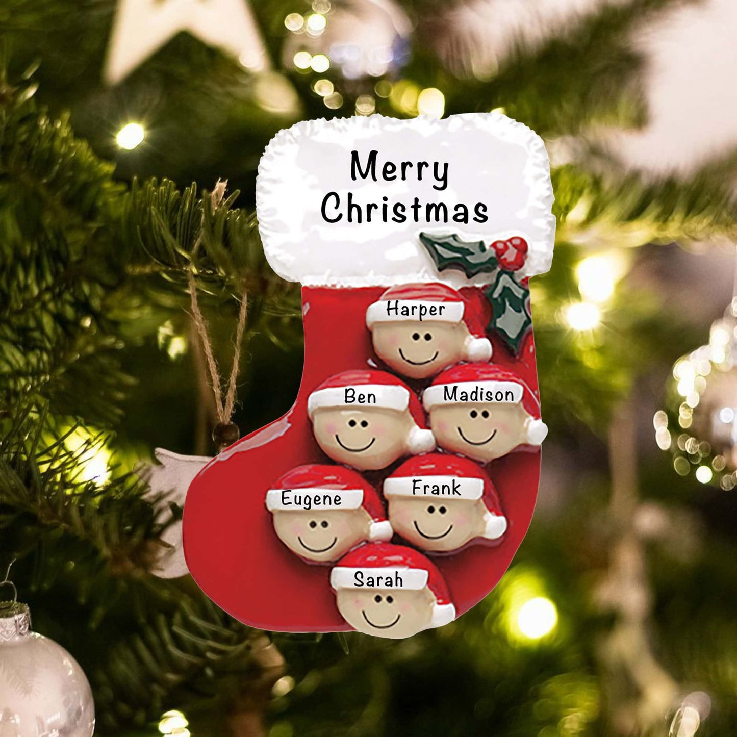 602-6 Personalized Red Stocking Family of 6 Christmas Ornament