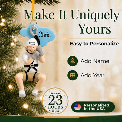 Make it yours: add name and year to the personalized zip line boy christmas ornament