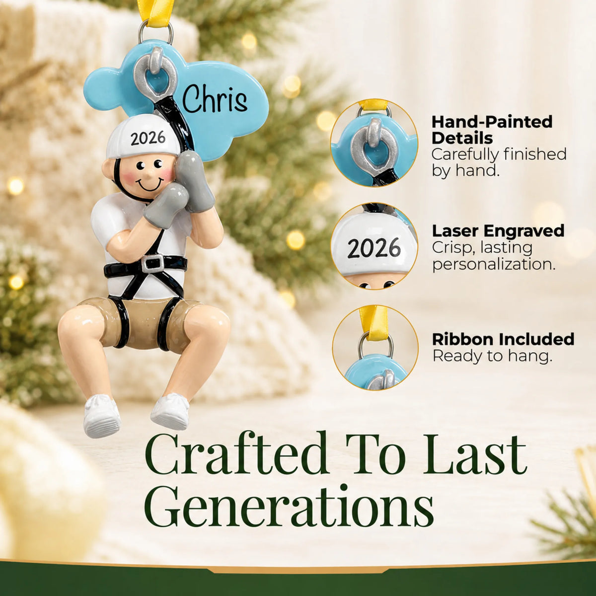 Hand-painted details and laser engraved personalization on the zip line boy christmas ornament, ribbon included