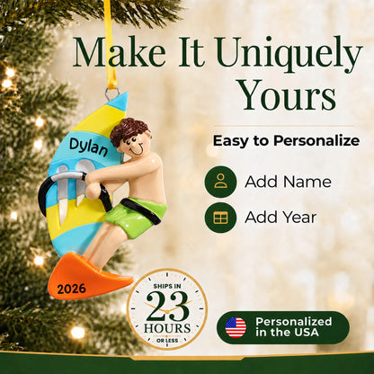 Make it yours: add name and year to the personalized windsurfing guy christmas ornament