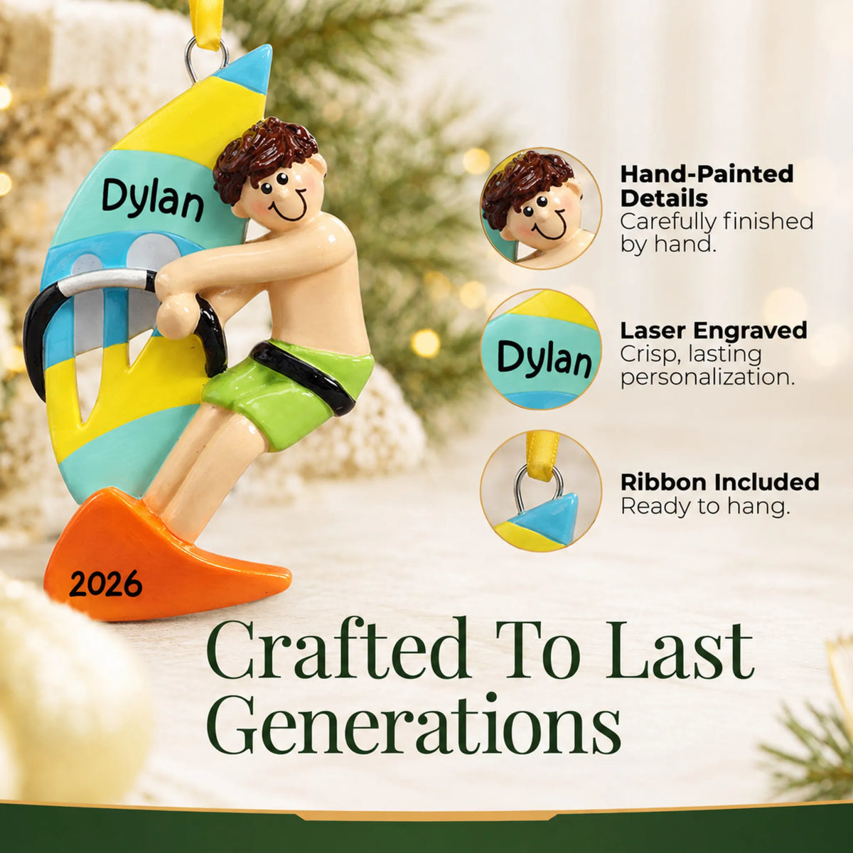 Hand-painted details and laser engraved personalization on the windsurfing guy christmas ornament, ribbon included