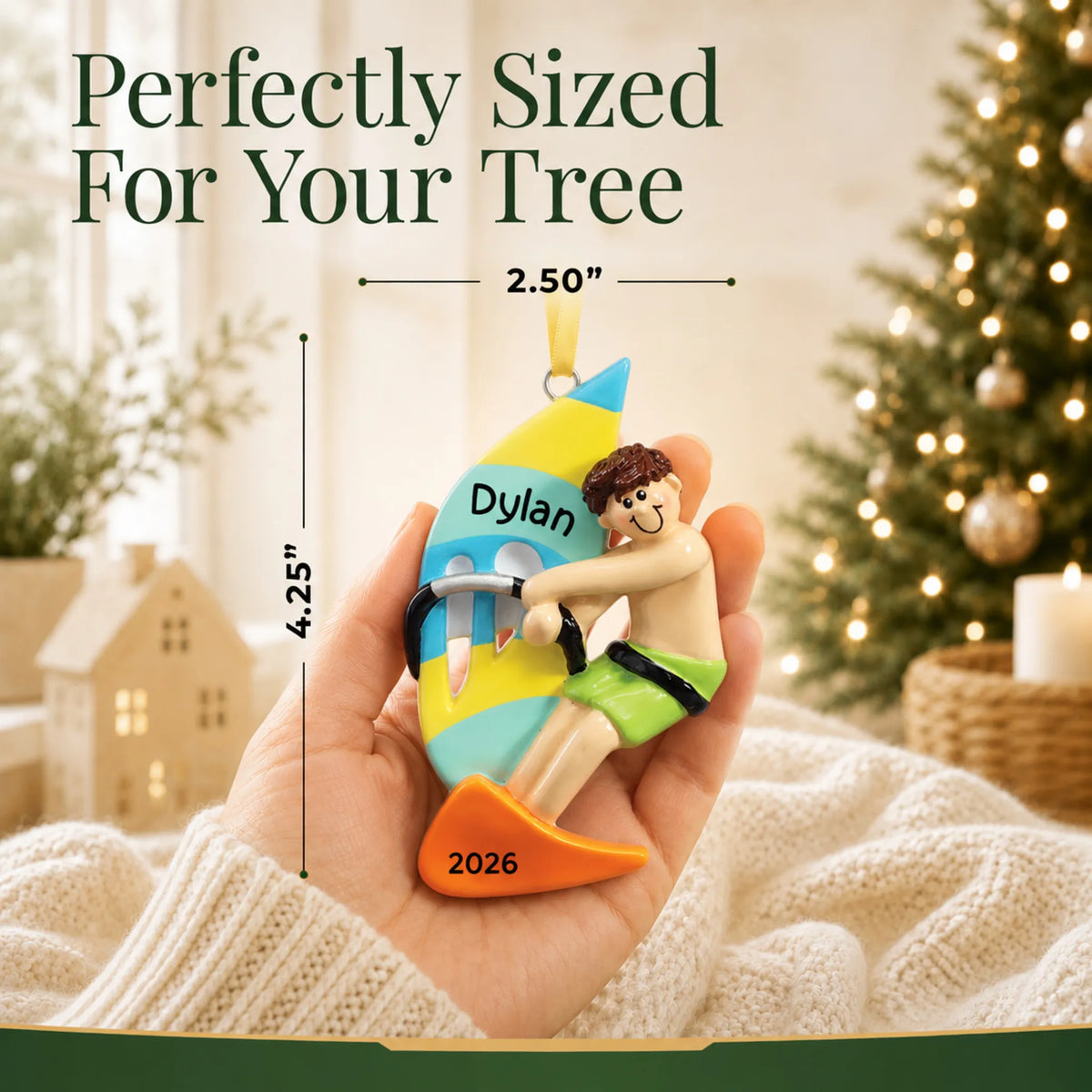 Size guide: the personalized windsurfing guy christmas ornament is 2.50 in wide by 4.25 in tall, shown in hand
