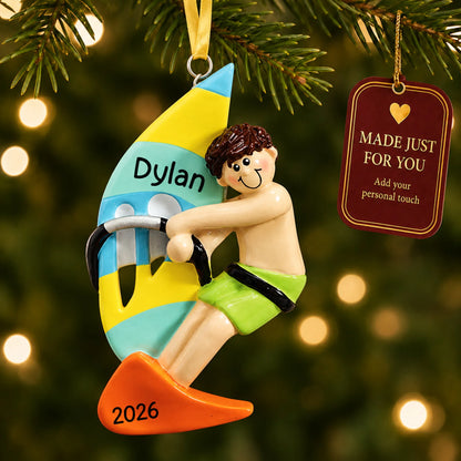 Windsurfing guy christmas ornament hanging on a lit Christmas tree with a Made Just For You gift tag