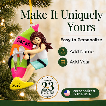 Make it yours: add name and year to the personalized windsurfing girl christmas ornament