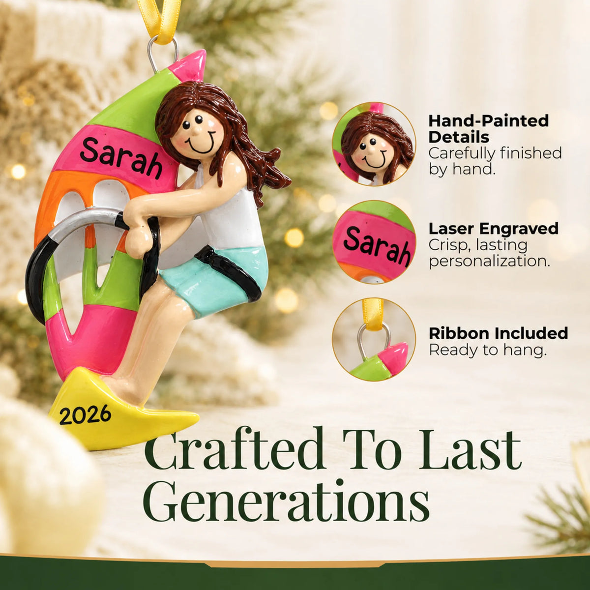 Hand-painted details and laser engraved personalization on the windsurfing girl christmas ornament, ribbon included