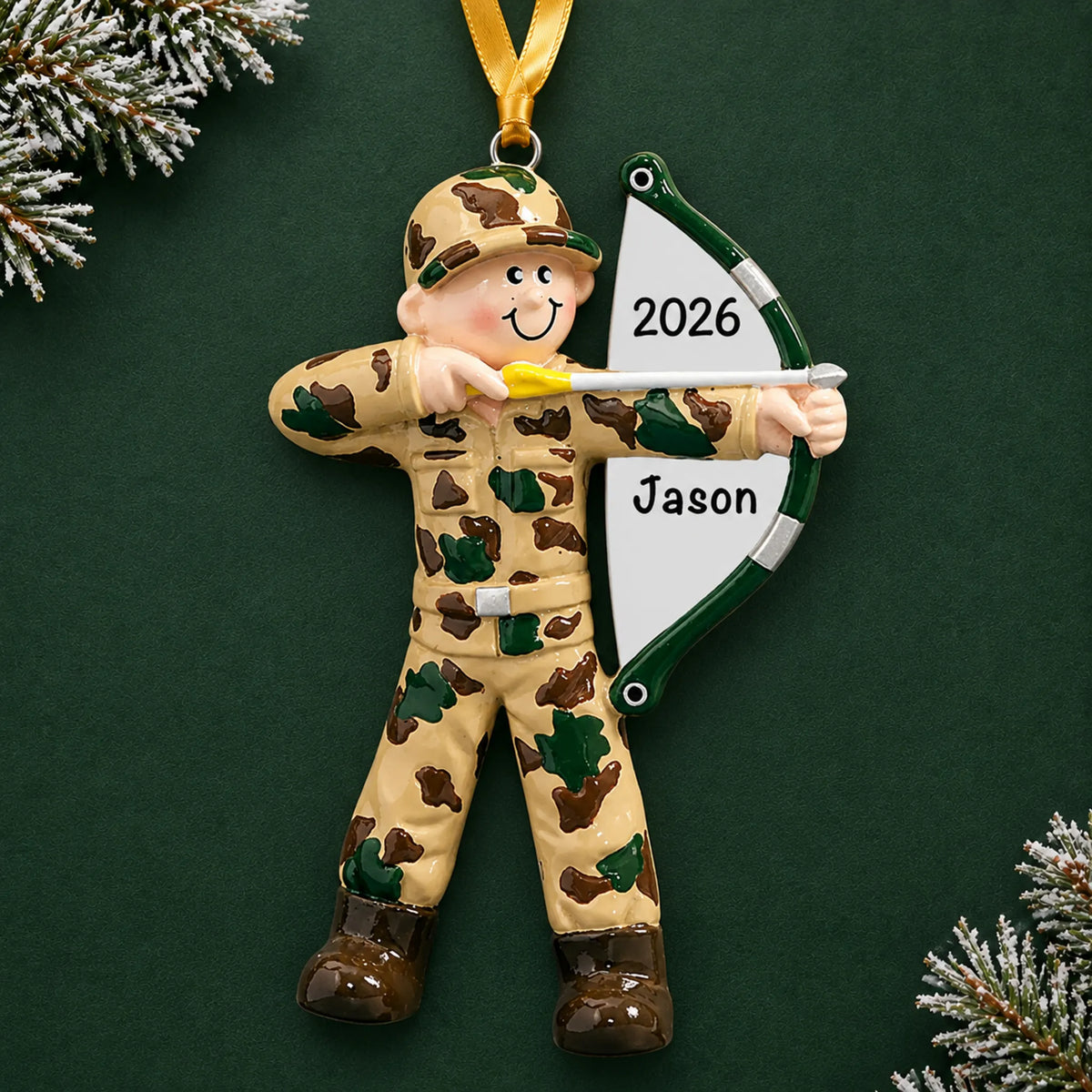 Personalized hunter bow & arrow christmas ornament on a dark green pine background