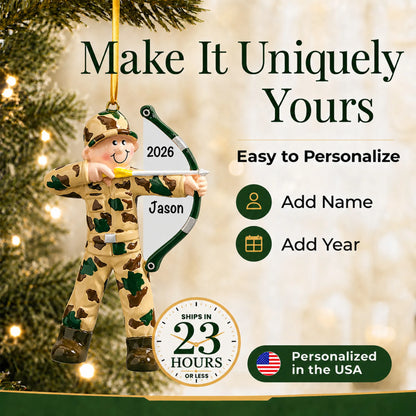 Make it yours: personalize the hunter bow & arrow christmas ornament