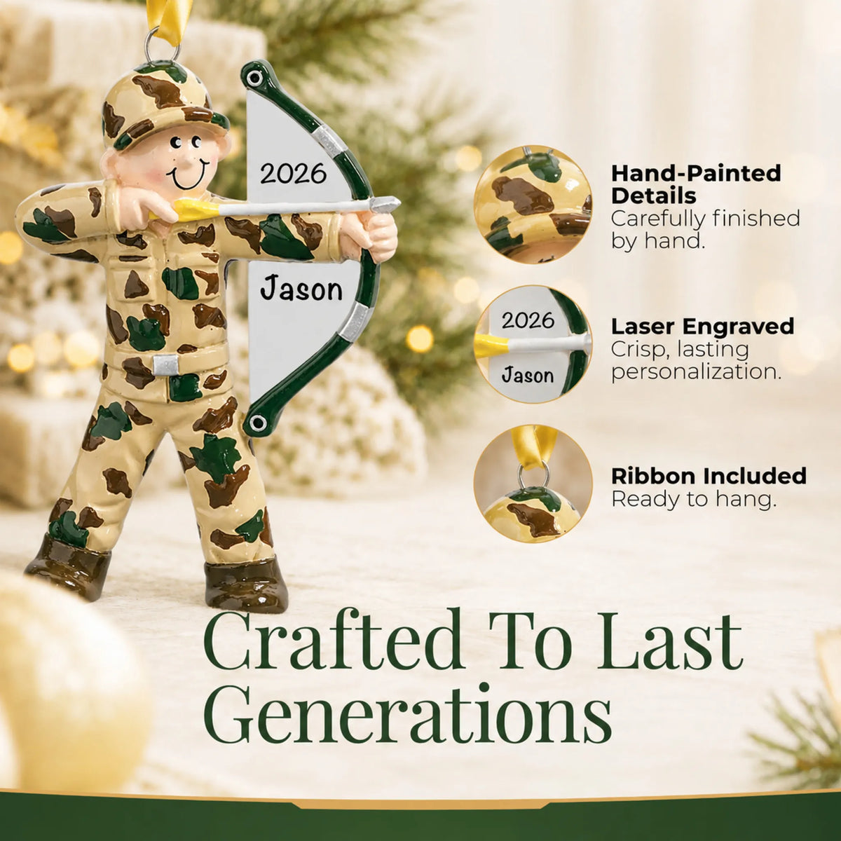Hand-painted details and laser engraved personalization on the hunter bow & arrow christmas ornament, ribbon included