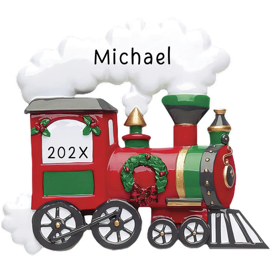 A red and green personalized train ornament with a large smoke stack. It has festive details like a wreath and Christmas colors.