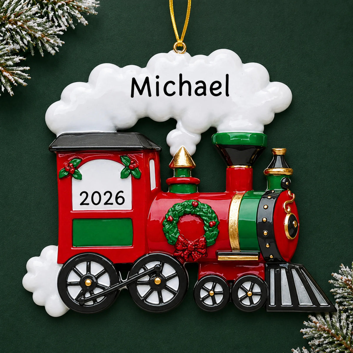 Personalized holiday train christmas ornament on a dark green pine background