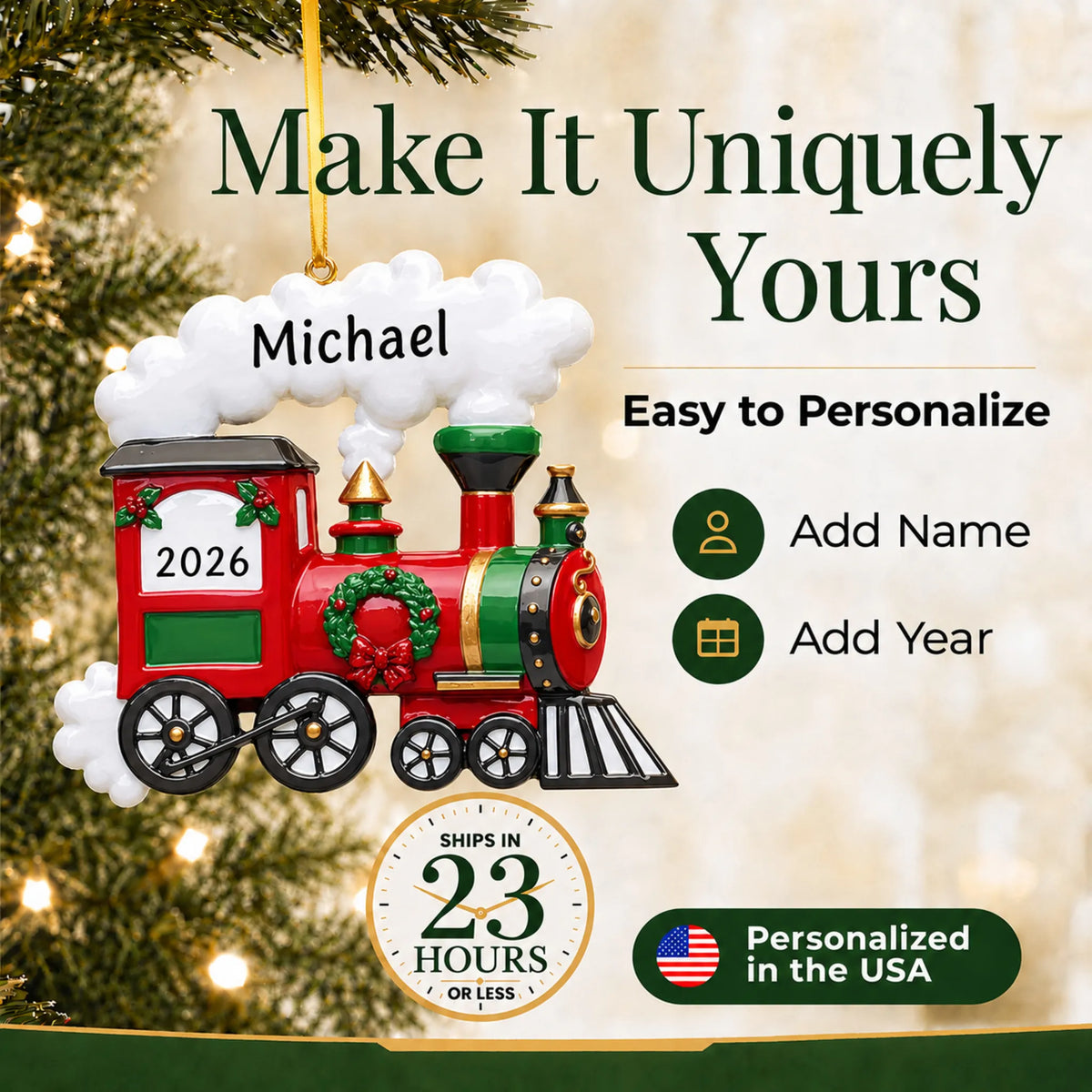 Make it yours: add name and year to the personalized holiday train christmas ornament