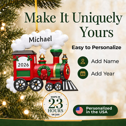 Make it yours: add name and year to the personalized holiday train christmas ornament