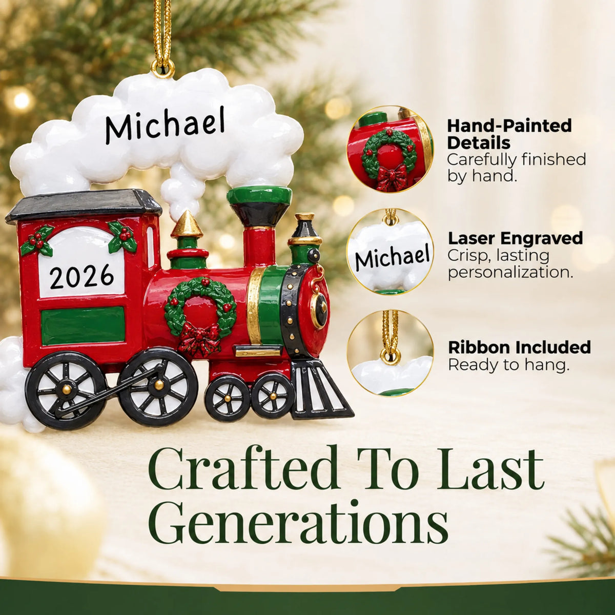 Hand-painted details and laser engraved personalization on the holiday train christmas ornament, ribbon included