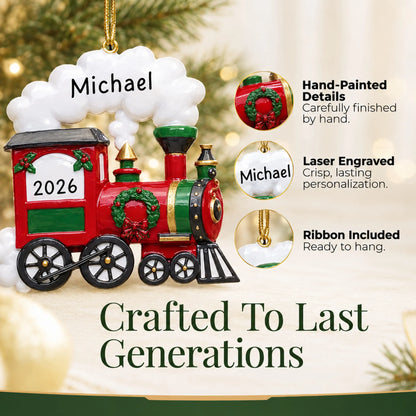 Hand-painted details and laser engraved personalization on the holiday train christmas ornament, ribbon included