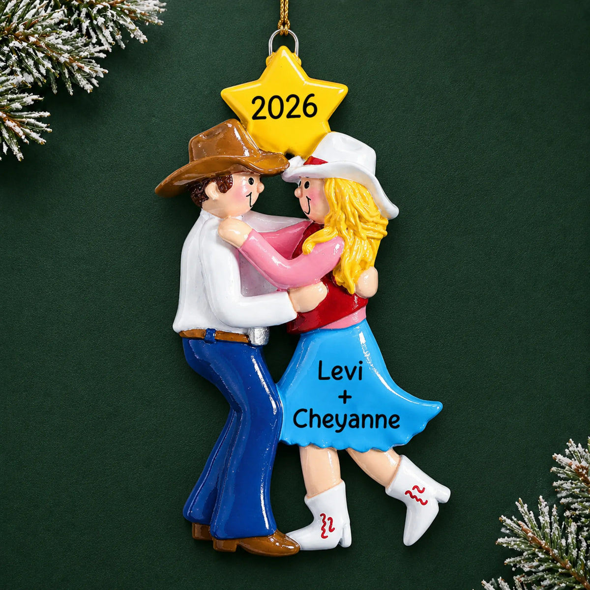 Personalized western dancing couple christmas ornament on a dark green pine background