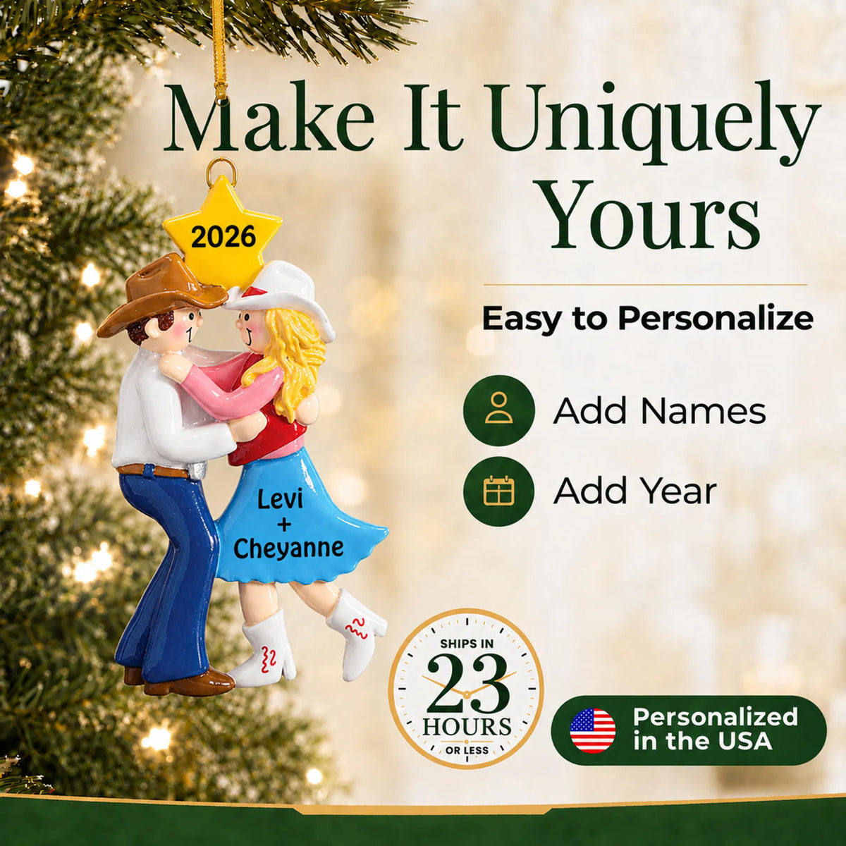 Make it yours: add names to the personalized western dancing couple christmas ornament